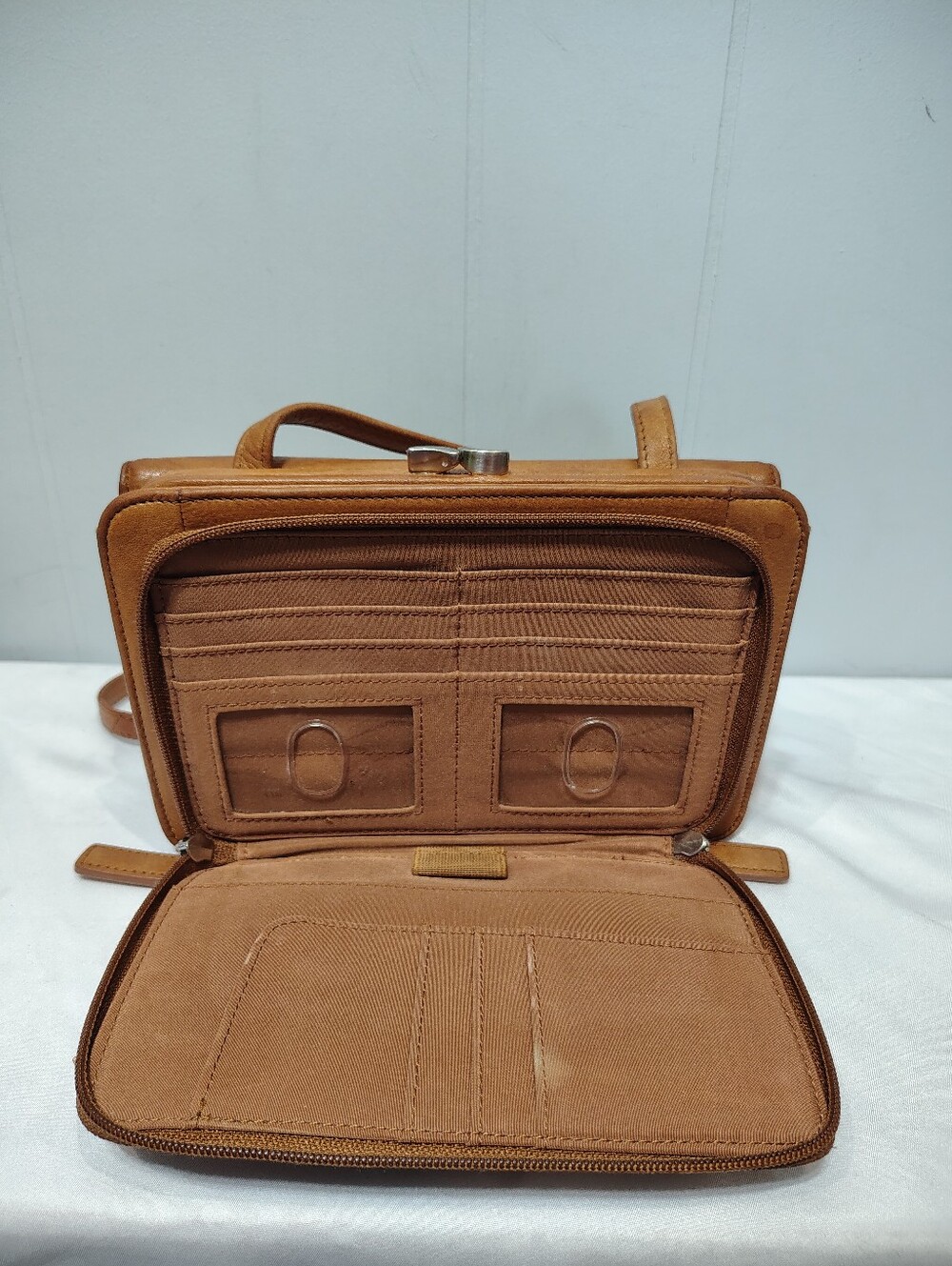 Fossil Tan Leather Crossbody Organizer Wallet Kisslock All In One Vintage - Picture 5 of 7